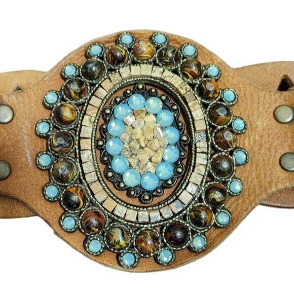 LeatheRock Custom Linked Leather Studded Rhinstone Belt Size M/L USA MSRP $245 - Picture 7 of 16